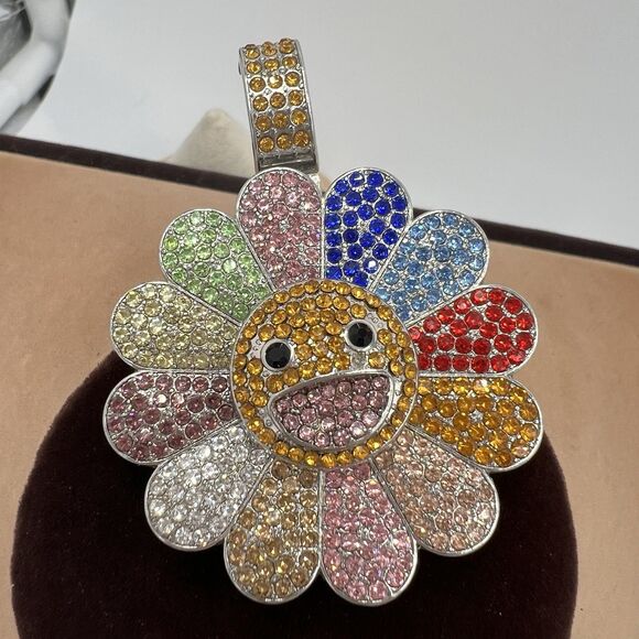 Multi Color Cubic Zirconia Flower Fidget Spinner Pendant in Silver Smiley Face